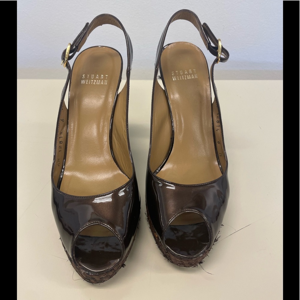 Stuart Weitzman Brown Patent Leather Platform Peeptoe Slingbacks size 6